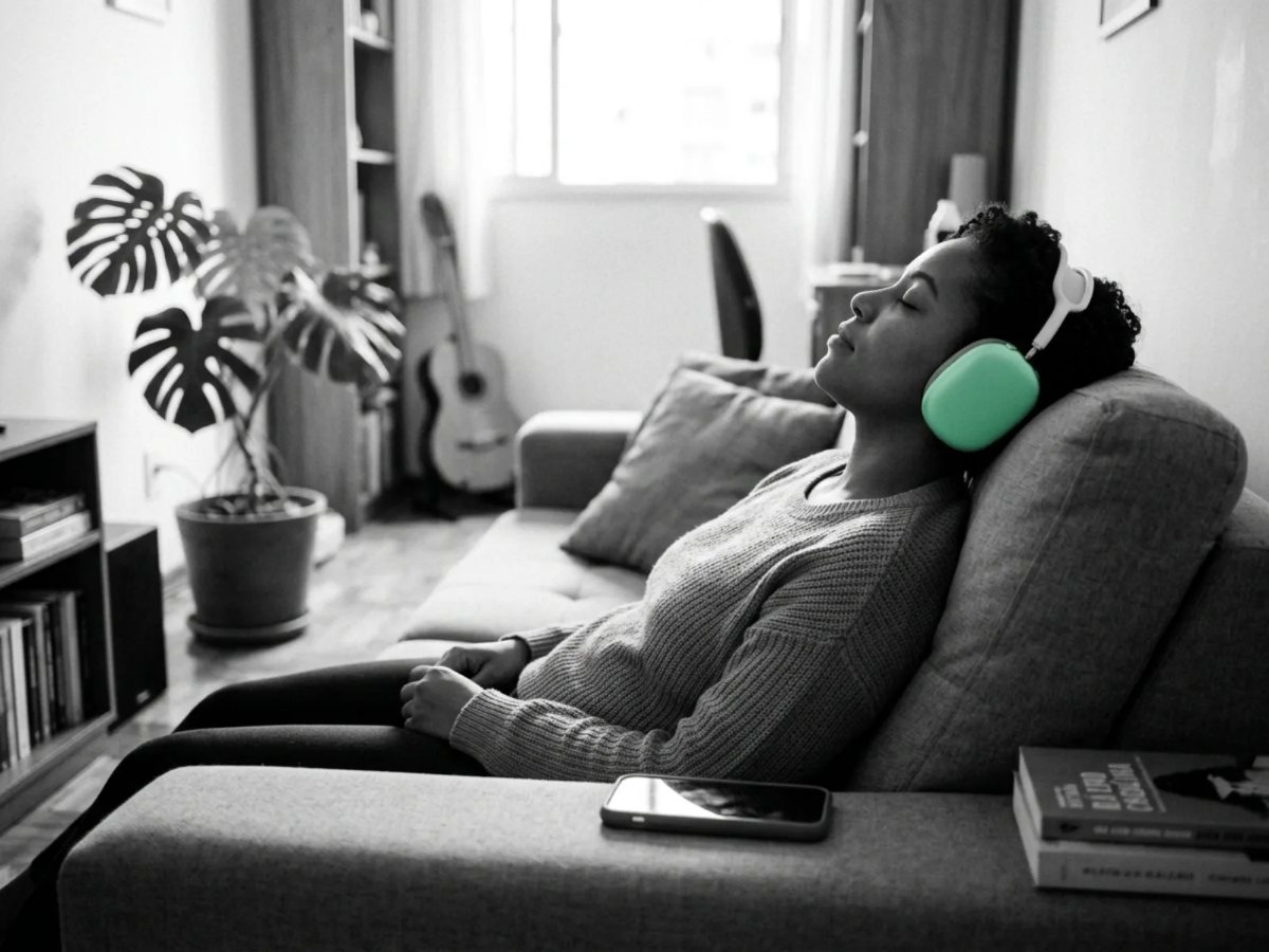 A woman listening with headphones, her phone face-down beside her