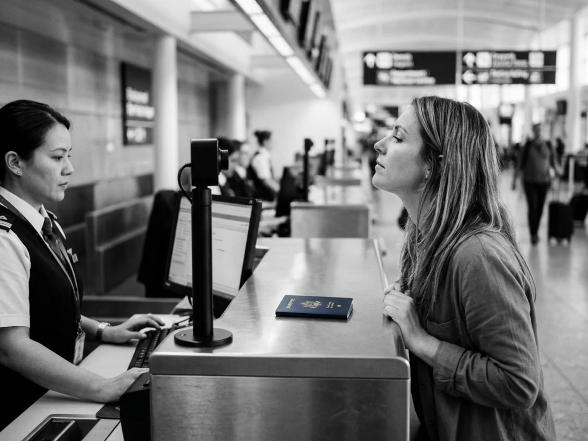 A traveller verified at a service desk with the passport closed on the counter