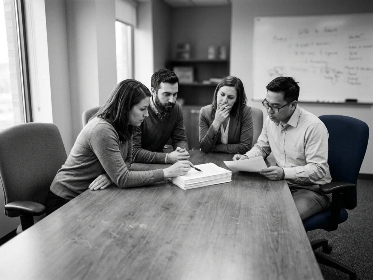 Four people reviewing a printed specification around a meeting table