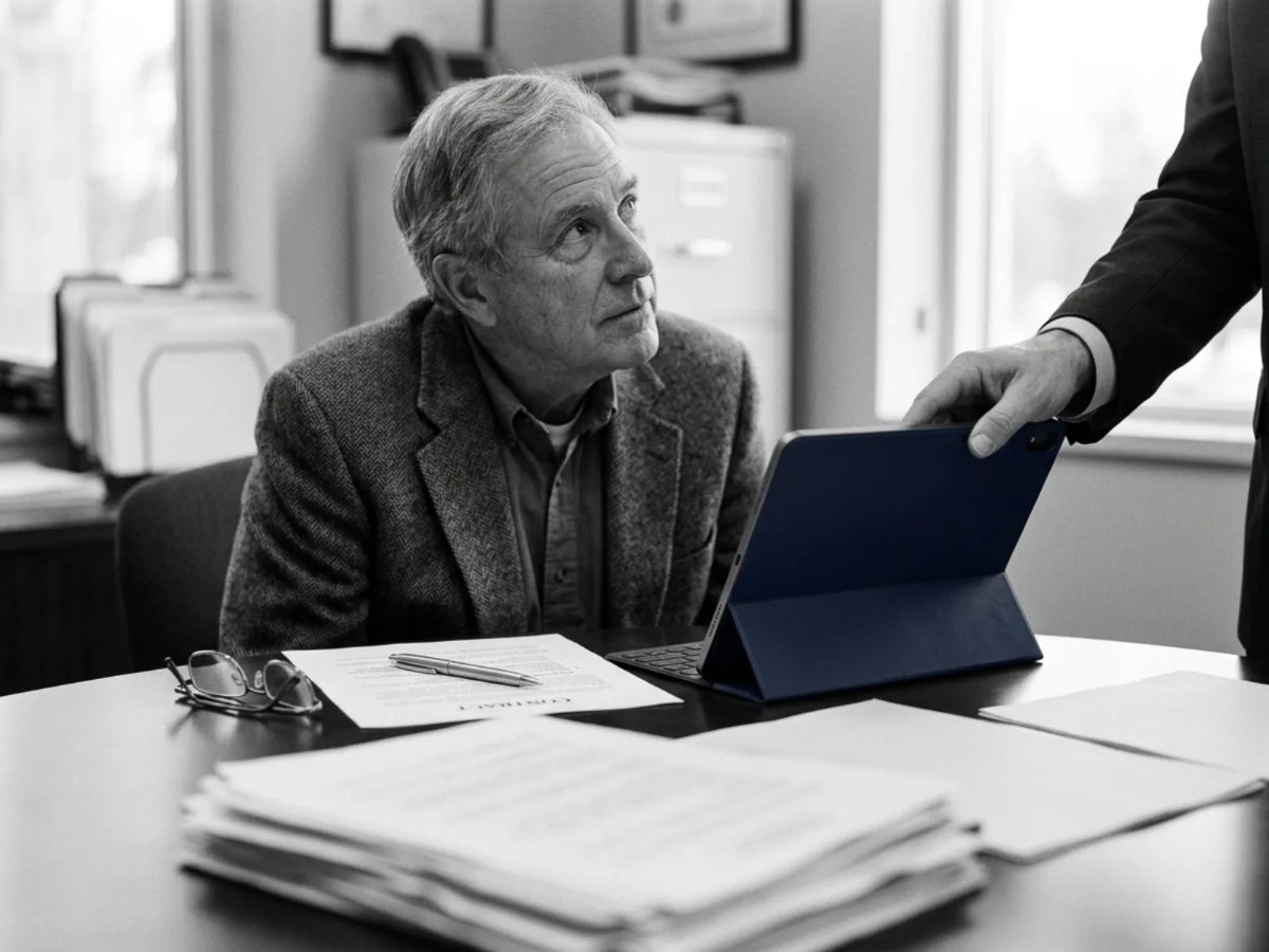 A man looking up at a tablet, the pen on the contract untouched