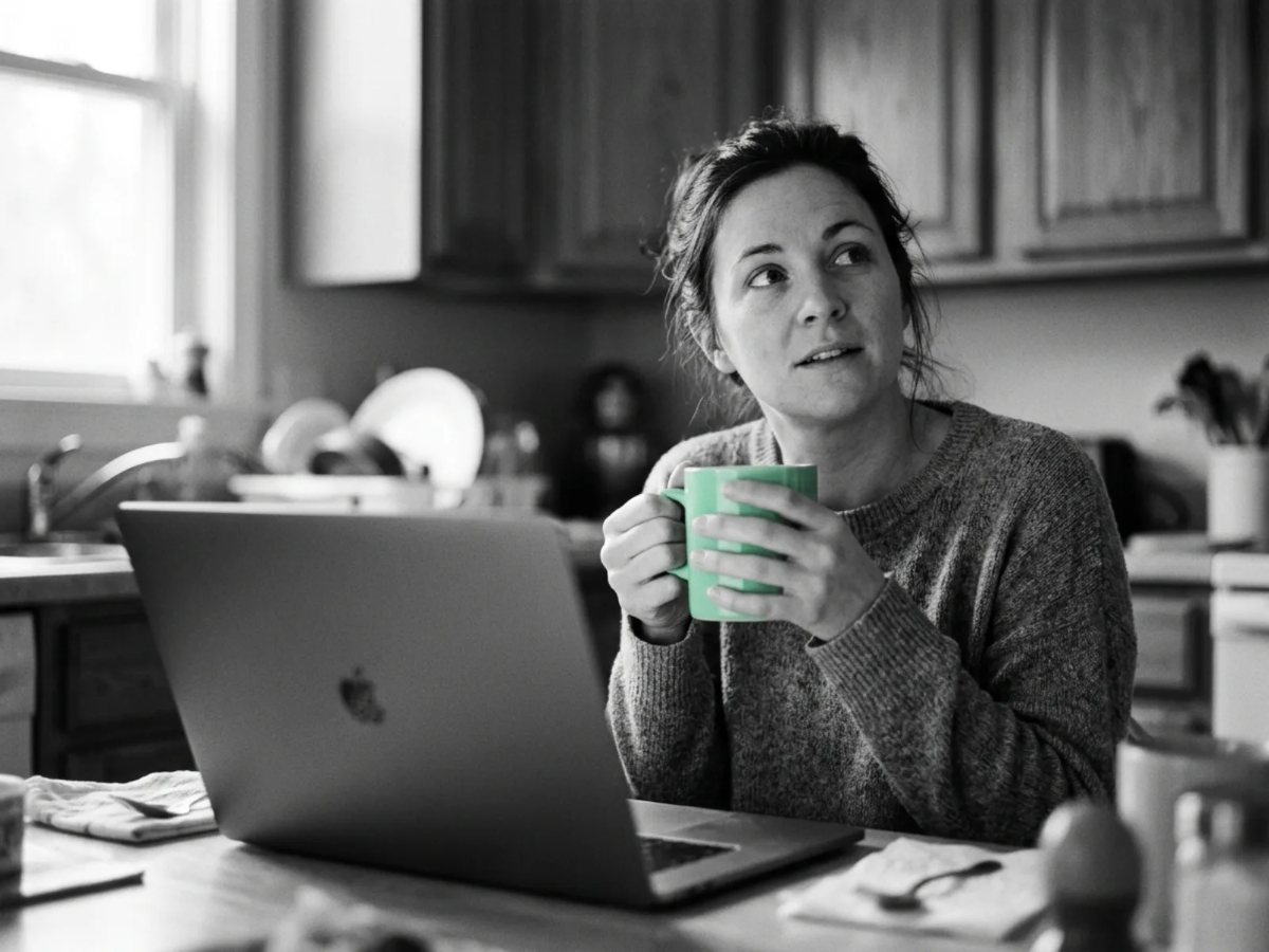 A woman at her kitchen table, hands on a mug, recognised by her laptop